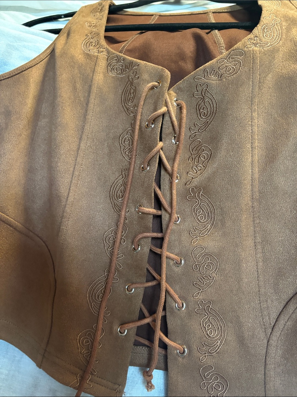 Brown Lace-Up Cottagecore Embroidered Suede-Style Vest 18”PTP EUC